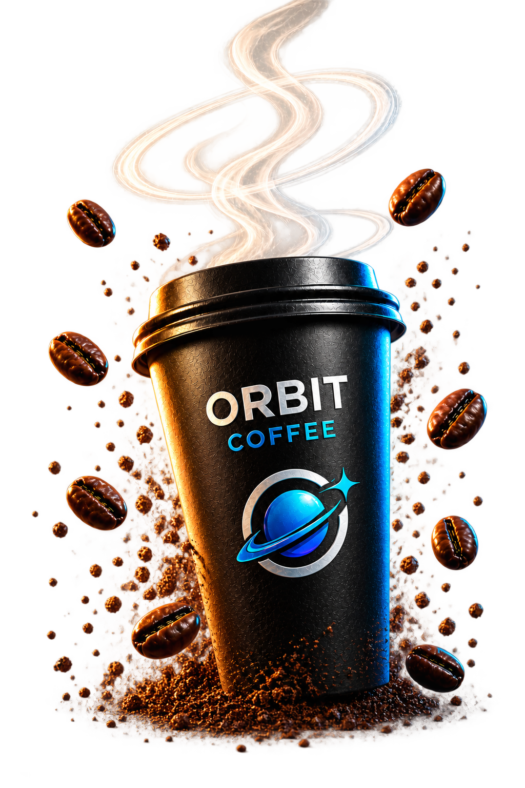 Orbit Coffee cup with orbital steam, suspended coffee beans, and fine dry coffee-ground particles