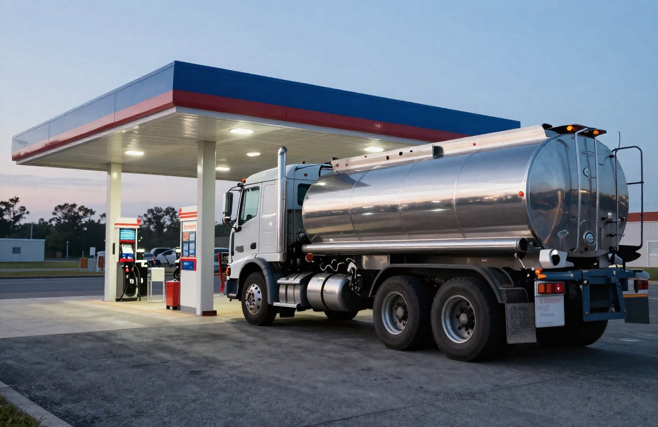 A polished stainless steel fuel delivery tanker parked under a lit station canopy at dusk