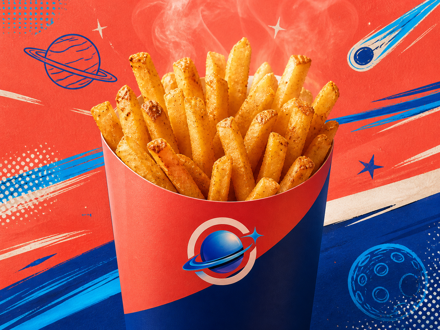 Seasoned golden fries in an Orbit carton