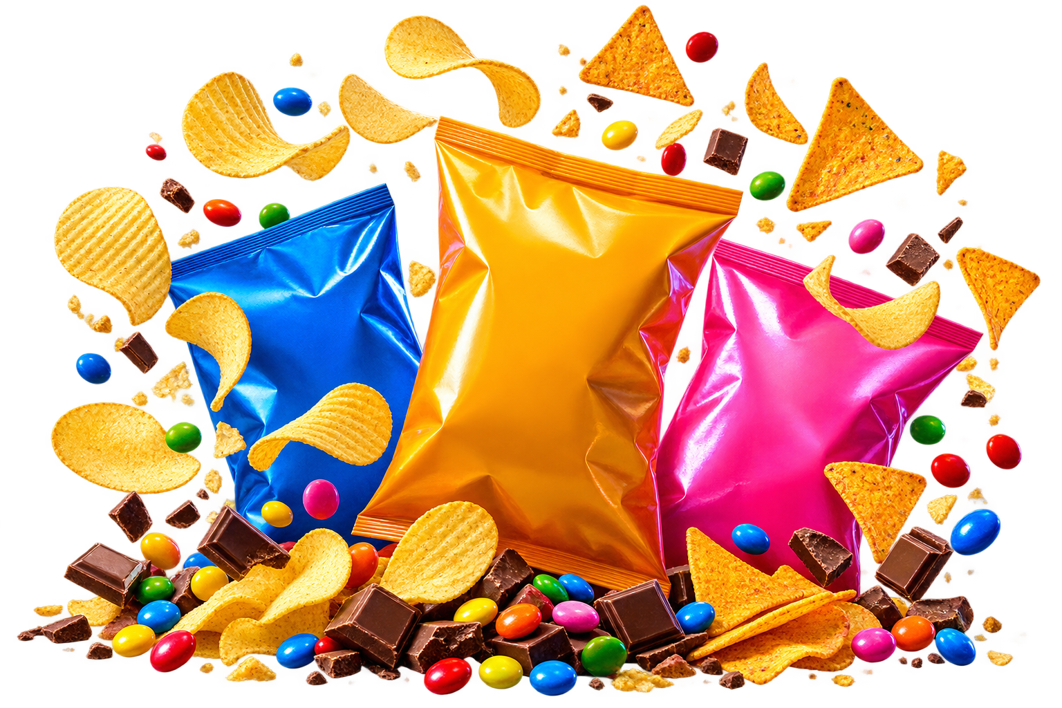 Original Orbit artwork showing unbranded snack bags, chips, chocolate, and colorful candy